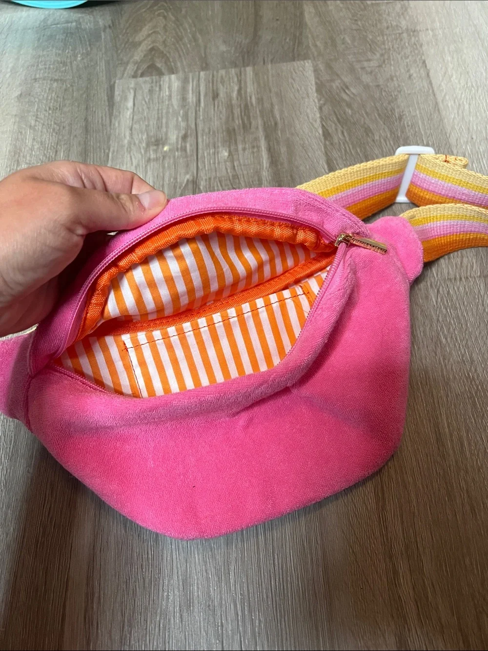 Pink Suede Crossbody Belt Bag with Striped Strap